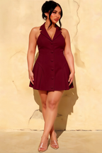 Danielle Burgundy Halter Lapel Neckline Mini Dress | Pleated Formal & Party Dress