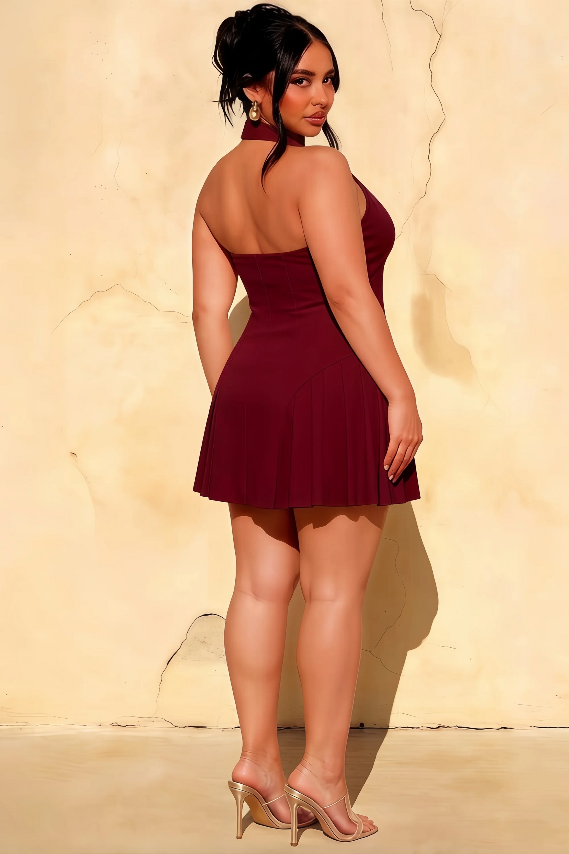 Danielle Burgundy Halter Lapel Neckline Mini Dress | Pleated Formal & Party Dress