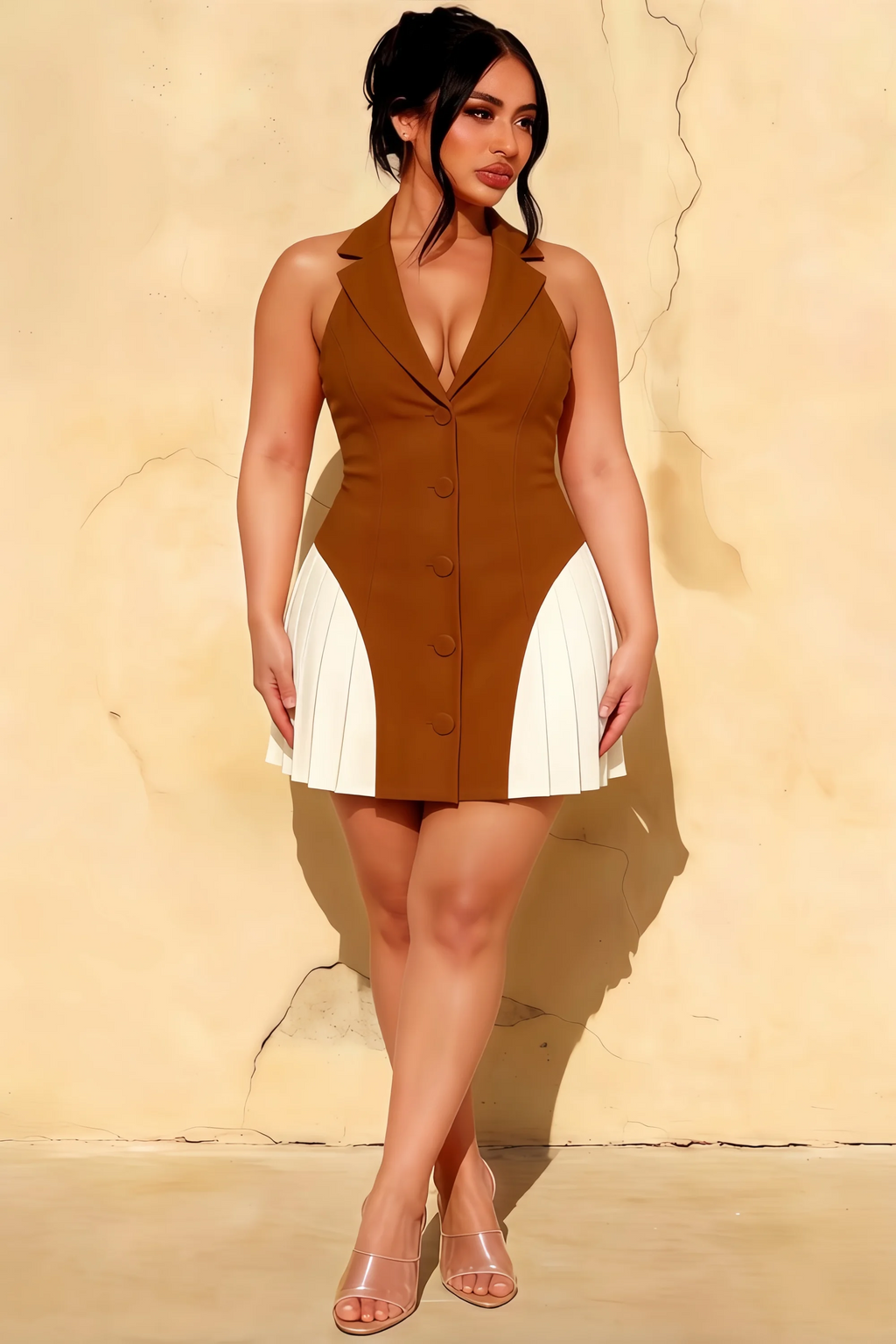 Danielle Coffee Plunge Neck Tailored Mini Dress