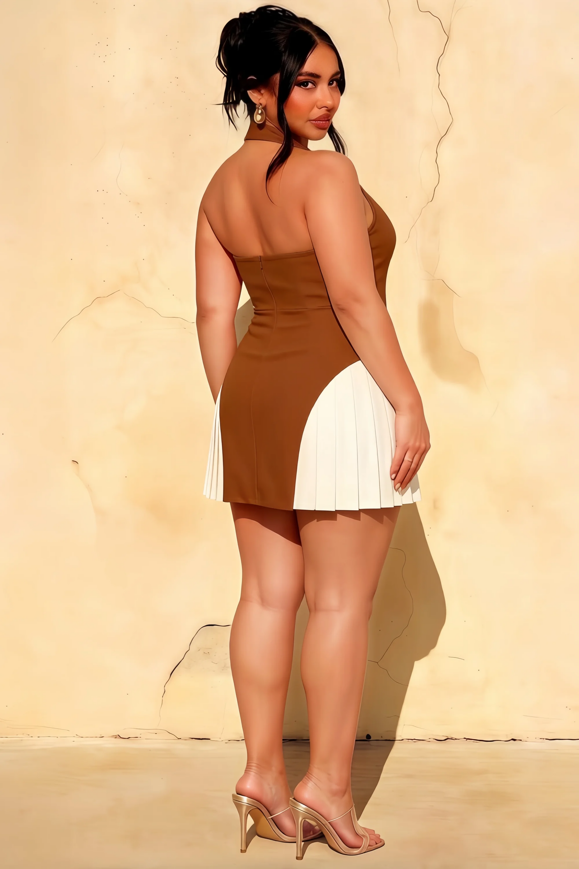 Danielle Coffee Plunge Neck Tailored Mini Dress