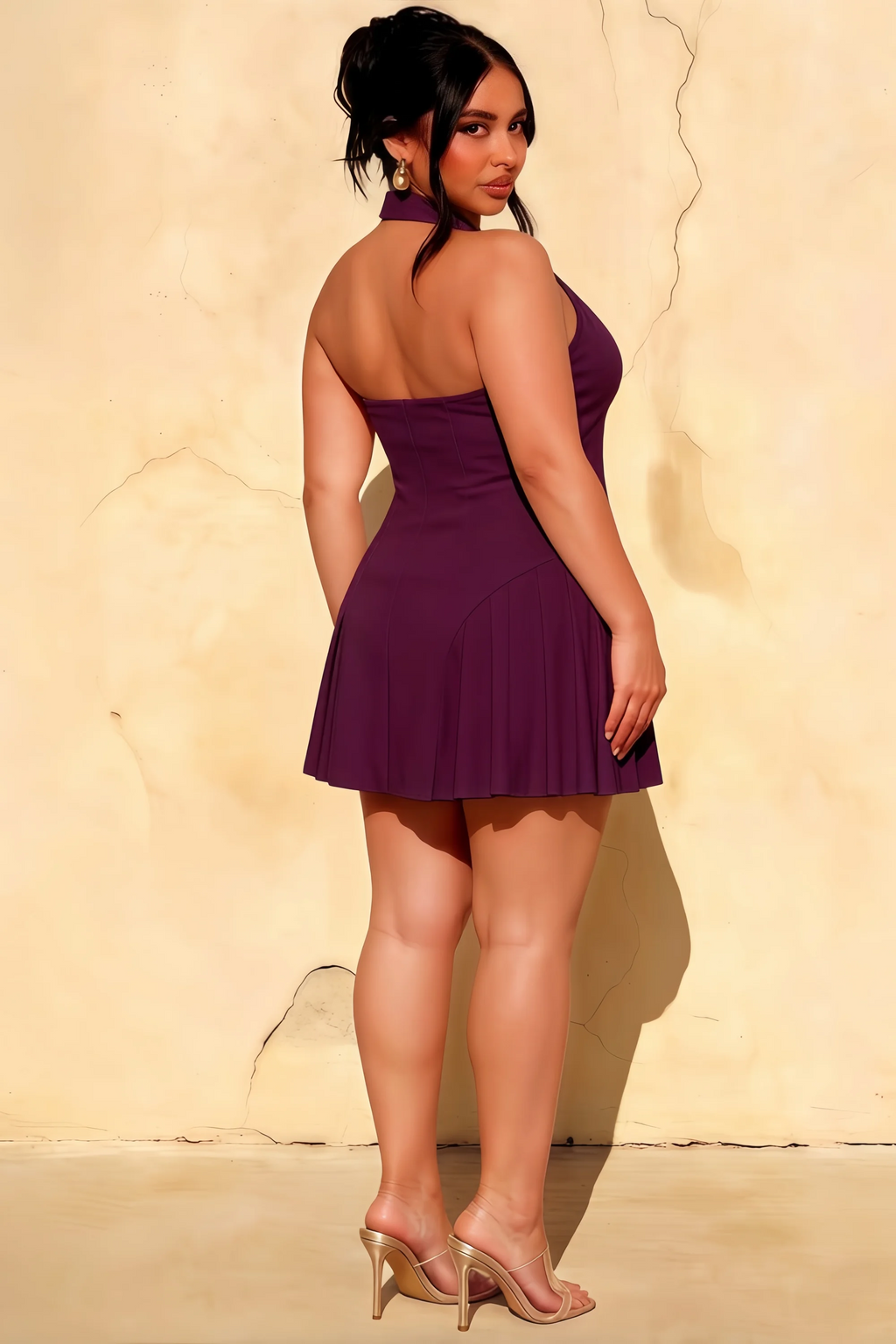 Danielle Grape Halter V-Neck Mini Dress for Parties & Homecoming