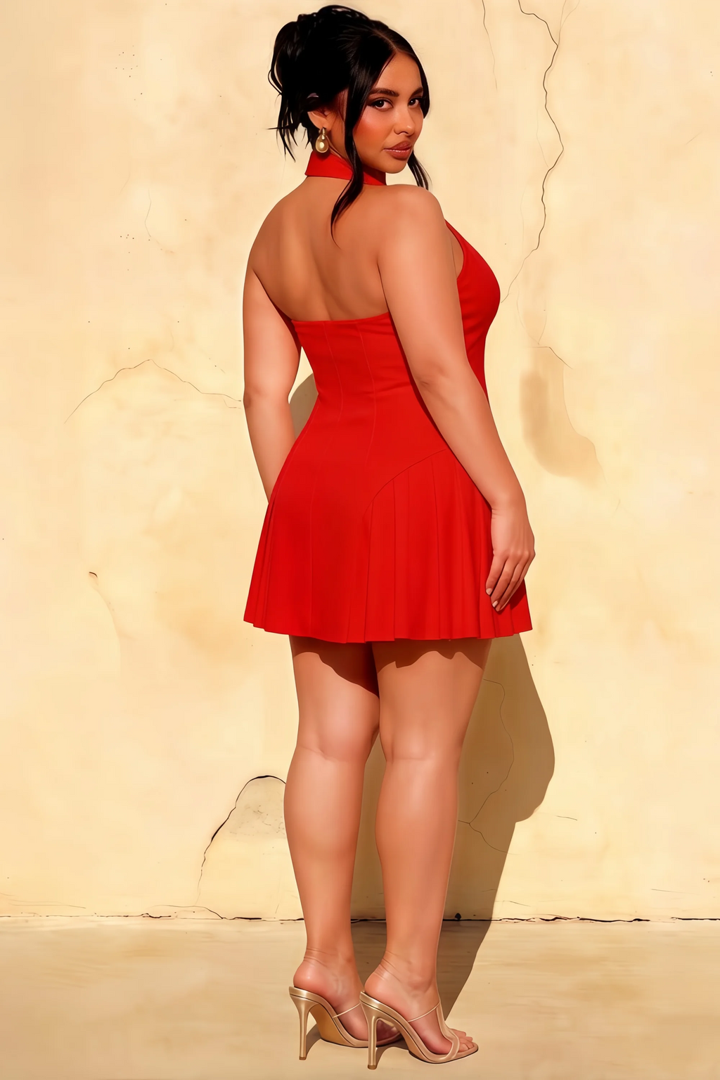 Danielle Red Fit and Flare Open Back Mini Dress | Halter Cocktail Dress