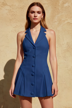 Danielle Royal Blue Pleated Plunge Neck Mini Dress
