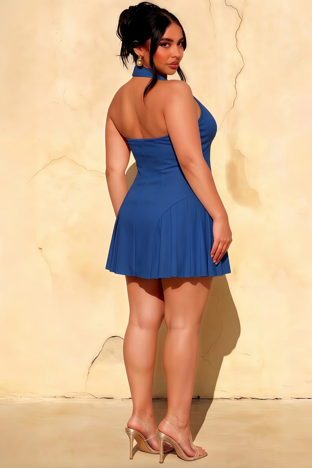 Danielle Royal Blue Pleated Plunge Neck Mini Dress