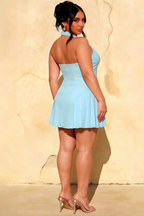 Danielle Sky Blue Halter Neck Pleated Mini Dress | Elegant Formal & Party Dress