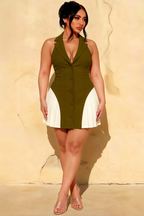 Danielle V-Neck Fit and Flare Mini Dress in Olive Green