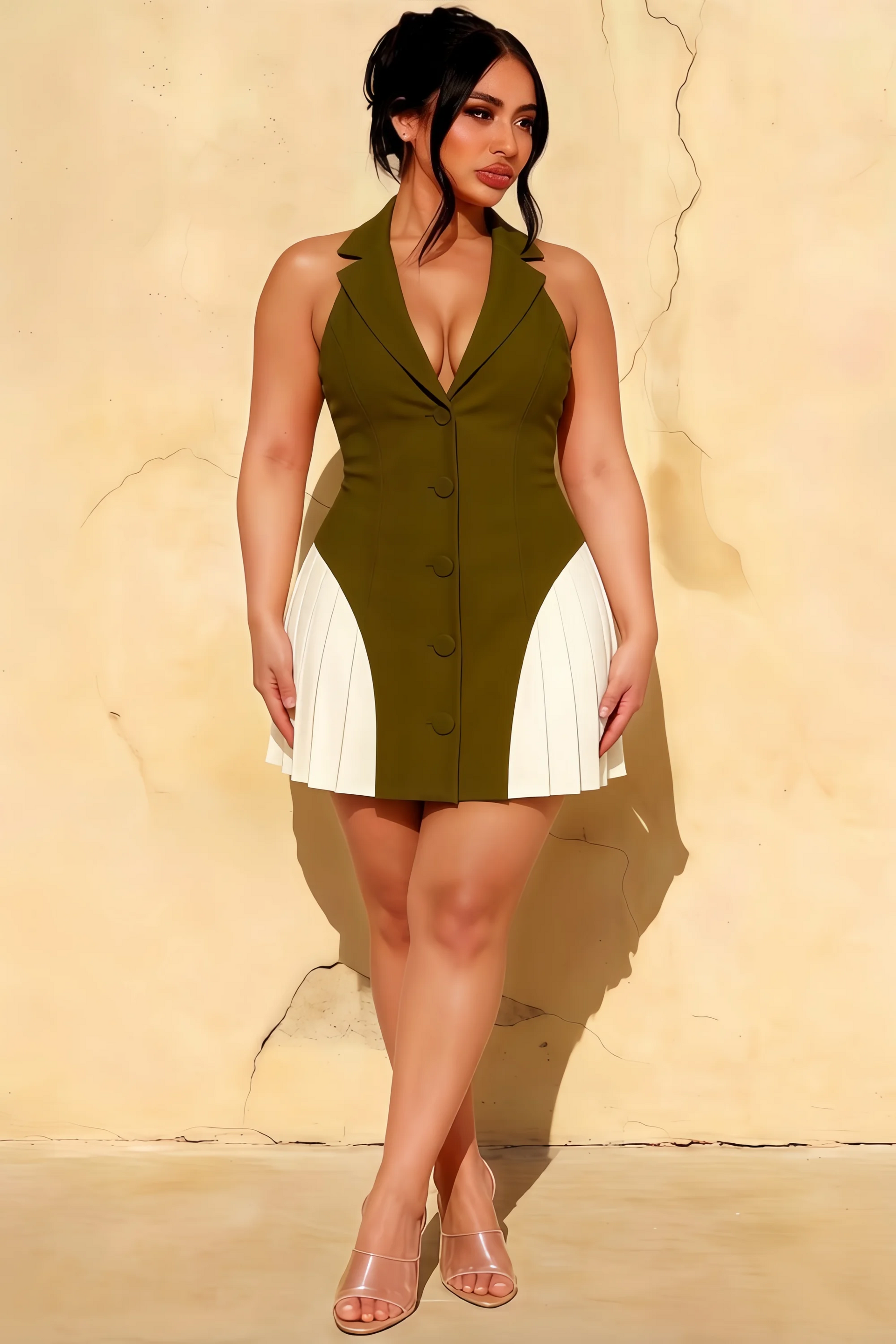 Danielle V-Neck Fit and Flare Mini Dress in Olive Green