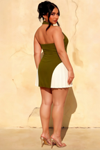 Danielle V-Neck Fit and Flare Mini Dress in Olive Green