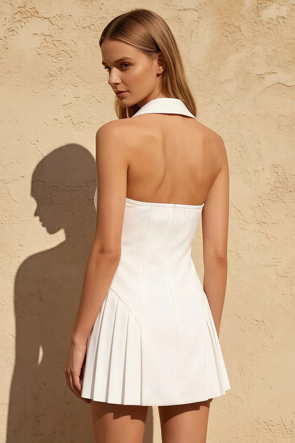 Danielle White Halter V-Neck Tailored Mini Dress
