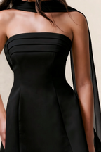 Daphne Black Satin Strapless Skater Mini Dress with Scarf