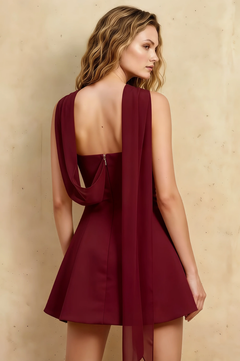 Daphne Burgundy A-line Strapless Skater Mini Dress with Scarf