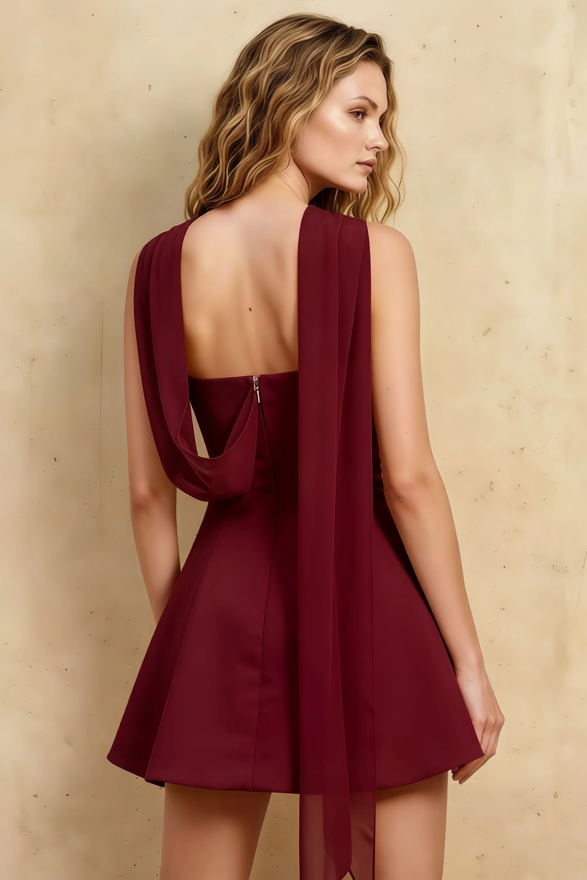 Daphne Burgundy A-line Strapless Skater Mini Dress with Scarf