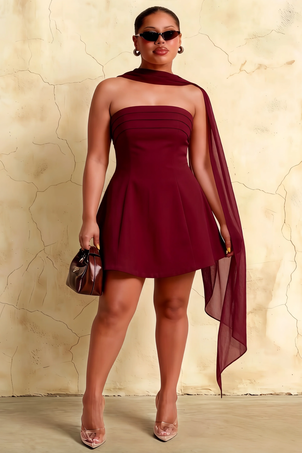 Daphne Burgundy A-line Strapless Skater Mini Dress with Scarf