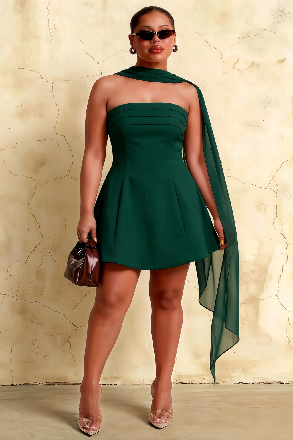 Daphne Emerald Green Skater Mini Dress with Chiffon Scarf