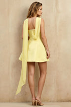 Daphne Lemon Satin Strapless Skater Mini Dress with Scarf
