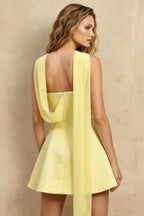 Daphne Lemon Satin Strapless Skater Mini Dress with Scarf