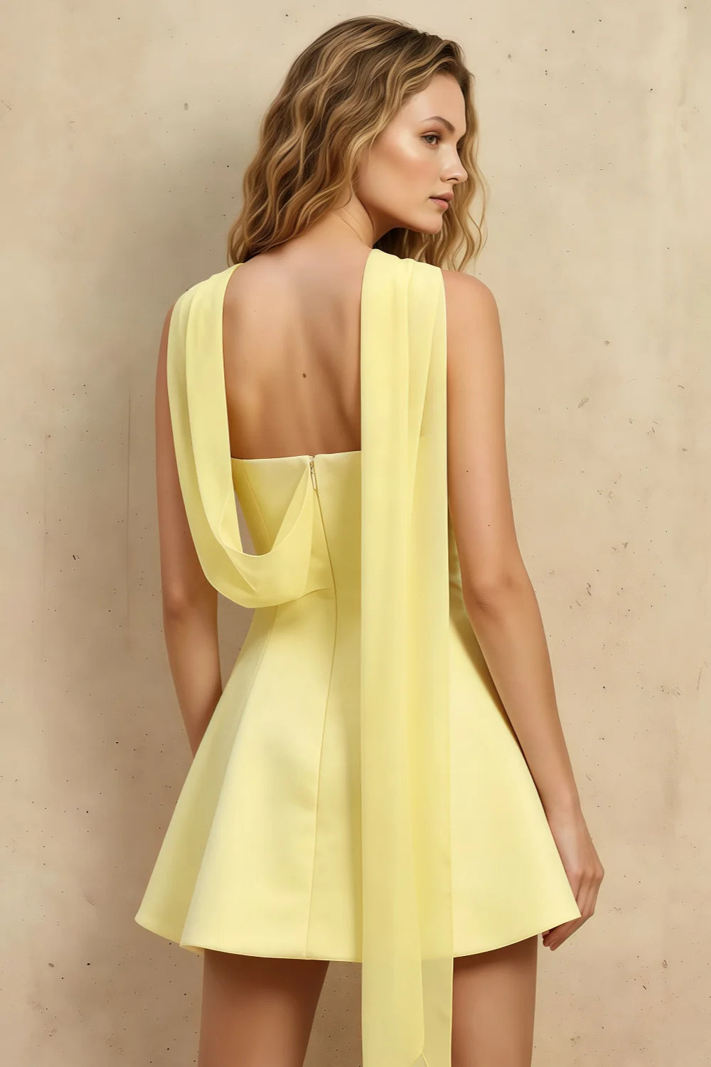 Daphne Lemon Satin Strapless Skater Mini Dress with Scarf
