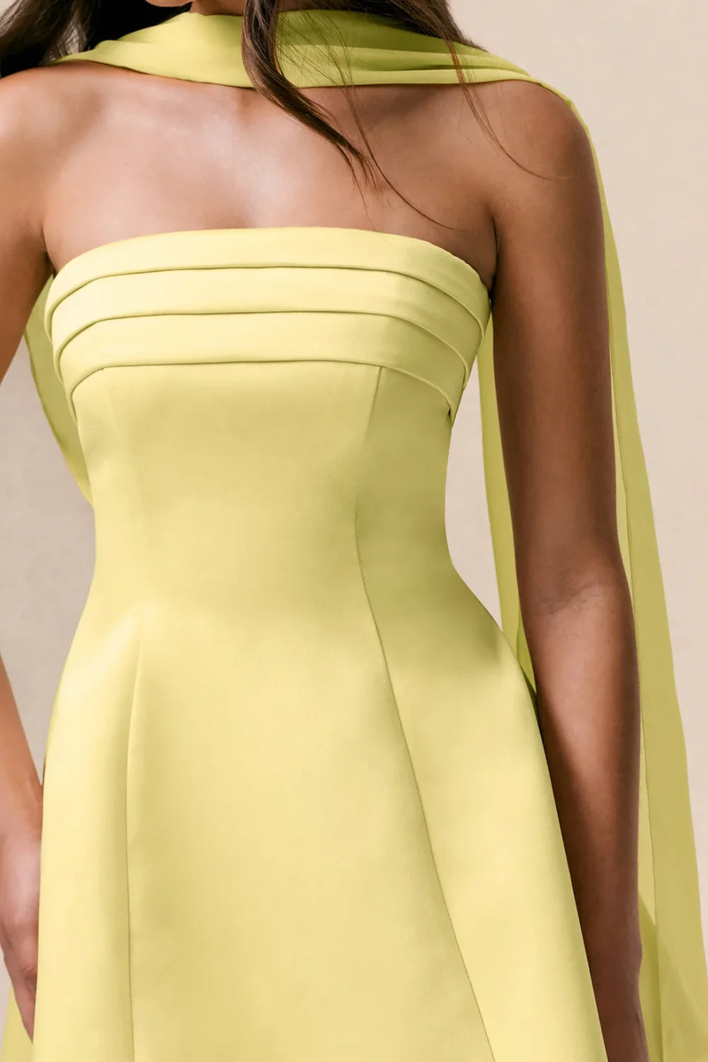 Daphne Lemon Satin Strapless Skater Mini Dress with Scarf