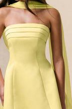 Daphne Lemon Satin Strapless Skater Mini Dress with Scarf