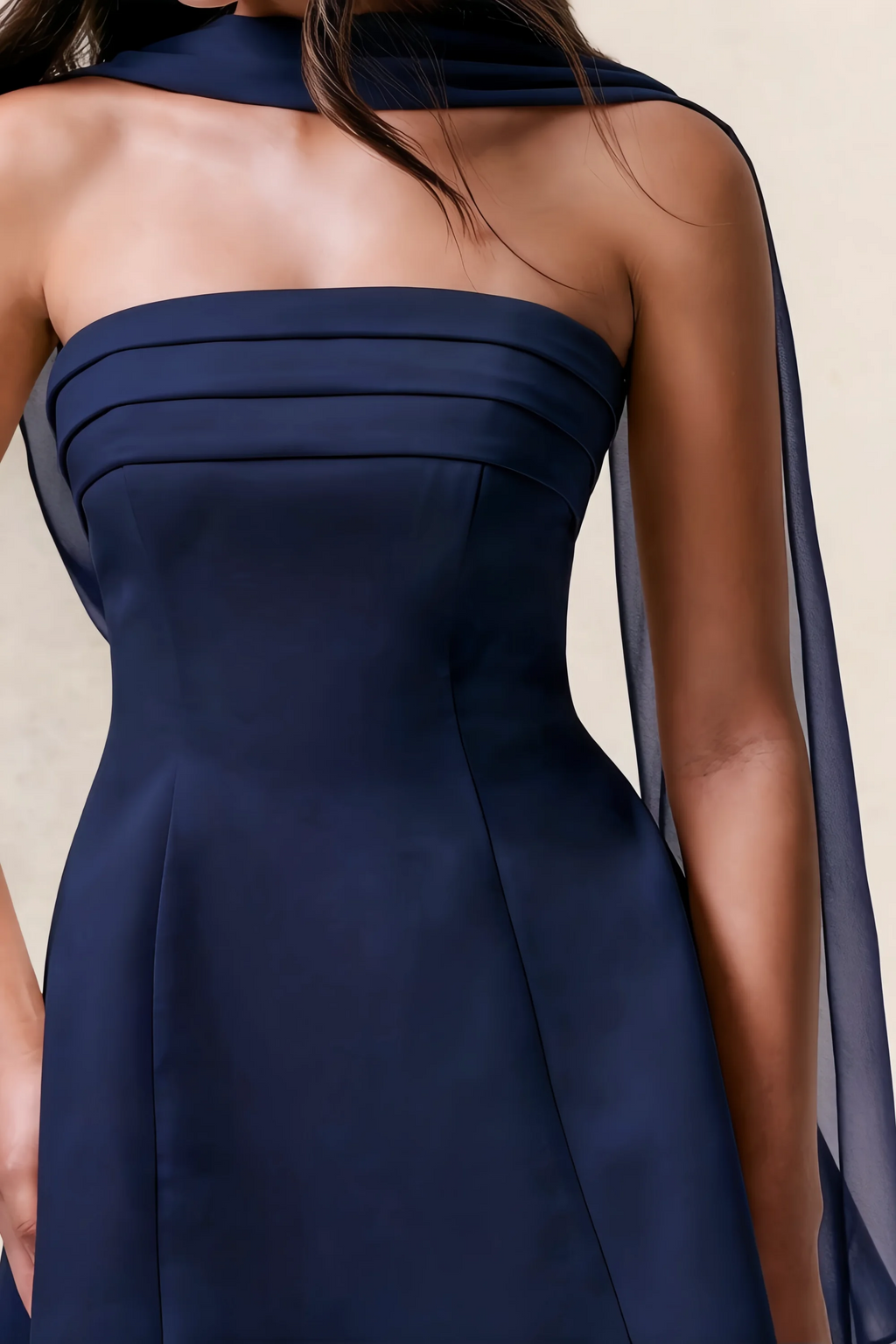Daphne Navy Satin Strapless Skater Mini Dress with Scarf