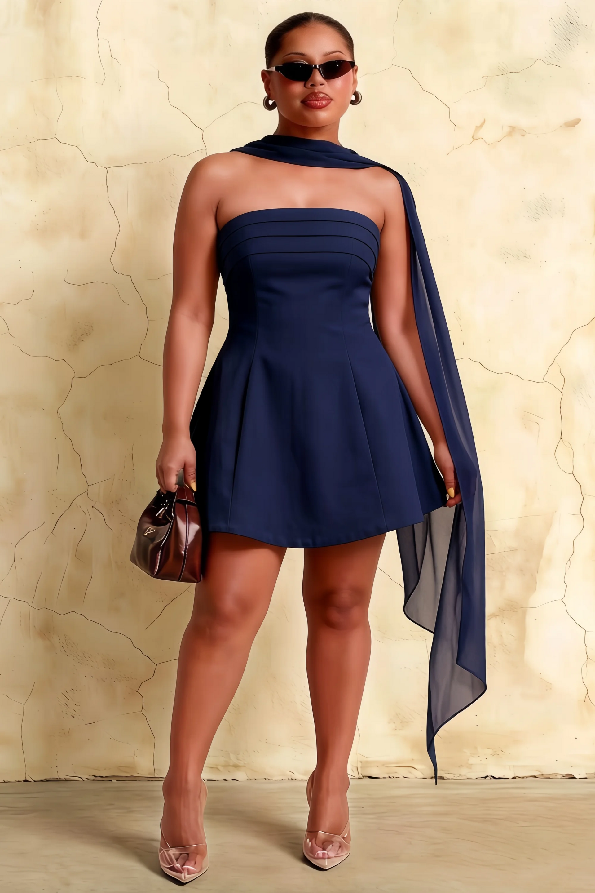 Daphne Navy Satin Strapless Skater Mini Dress with Scarf