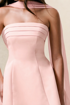 Daphne Pink Satin Strapless Skater Mini Dress with Scarf