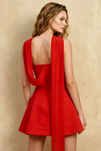 Daphne Red Satin Strapless Skater Mini Dress with Scarf