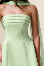 Daphne Sage Green Satin Strapless Skater Mini Dress with Scarf