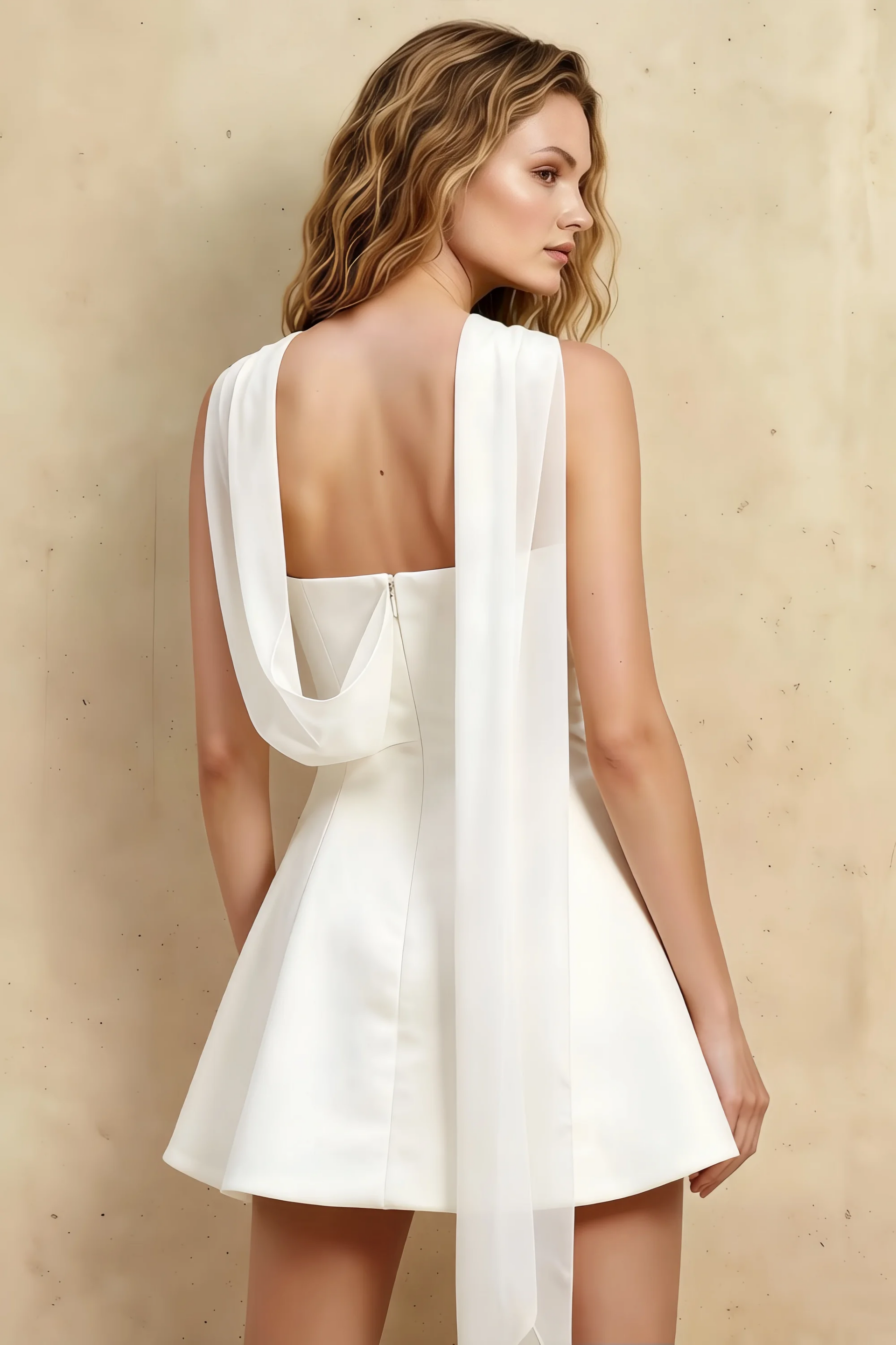 Daphne White Satin Strapless Skater Mini Dress with Scarf | Formal Party Cocktail Dress
