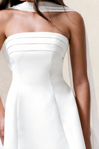 Daphne White Satin Strapless Skater Mini Dress with Scarf | Formal Party Cocktail Dress