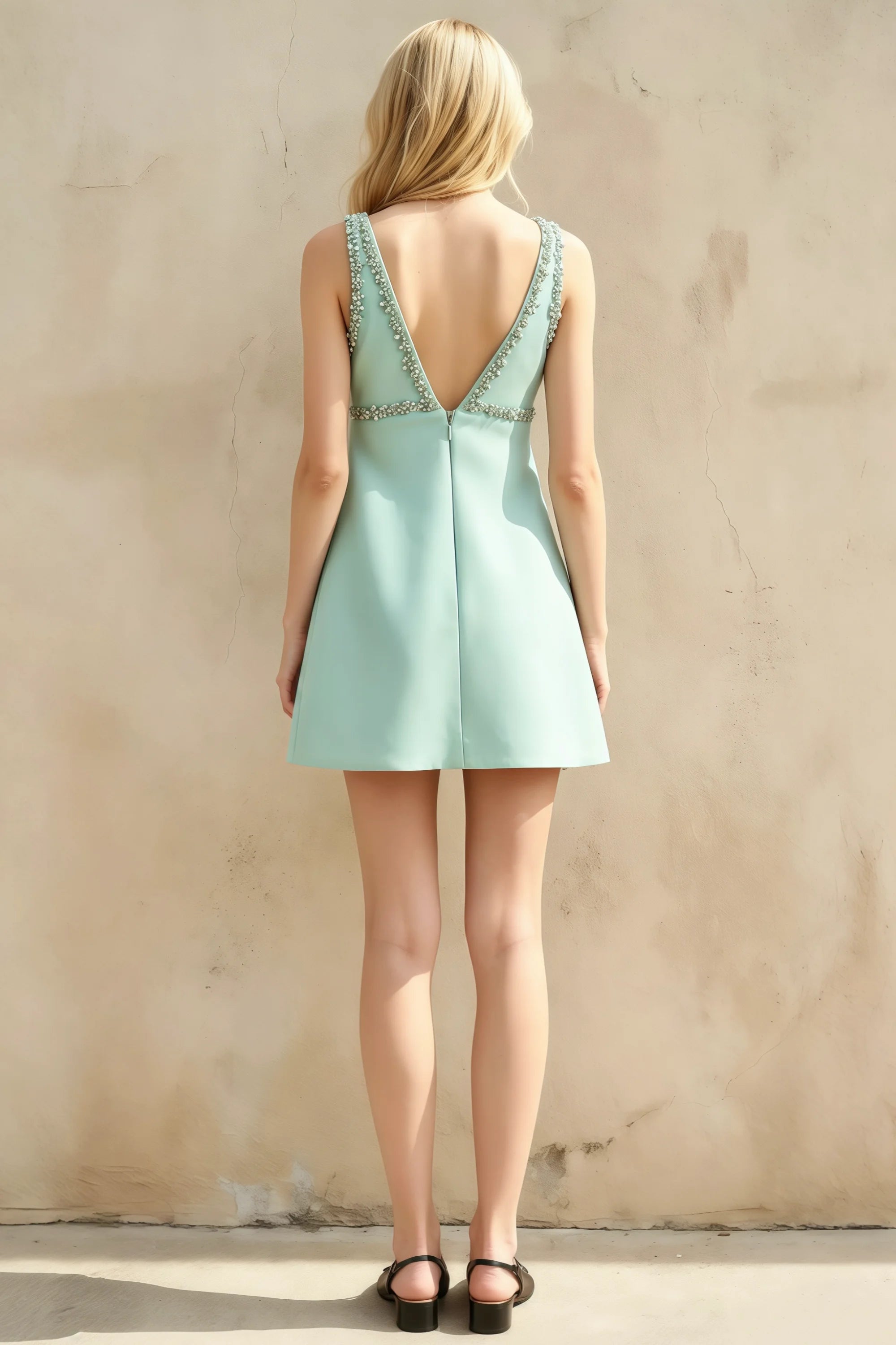 Darlene Green Pearl V-Neck Mini Dress with Bow Secondary image
