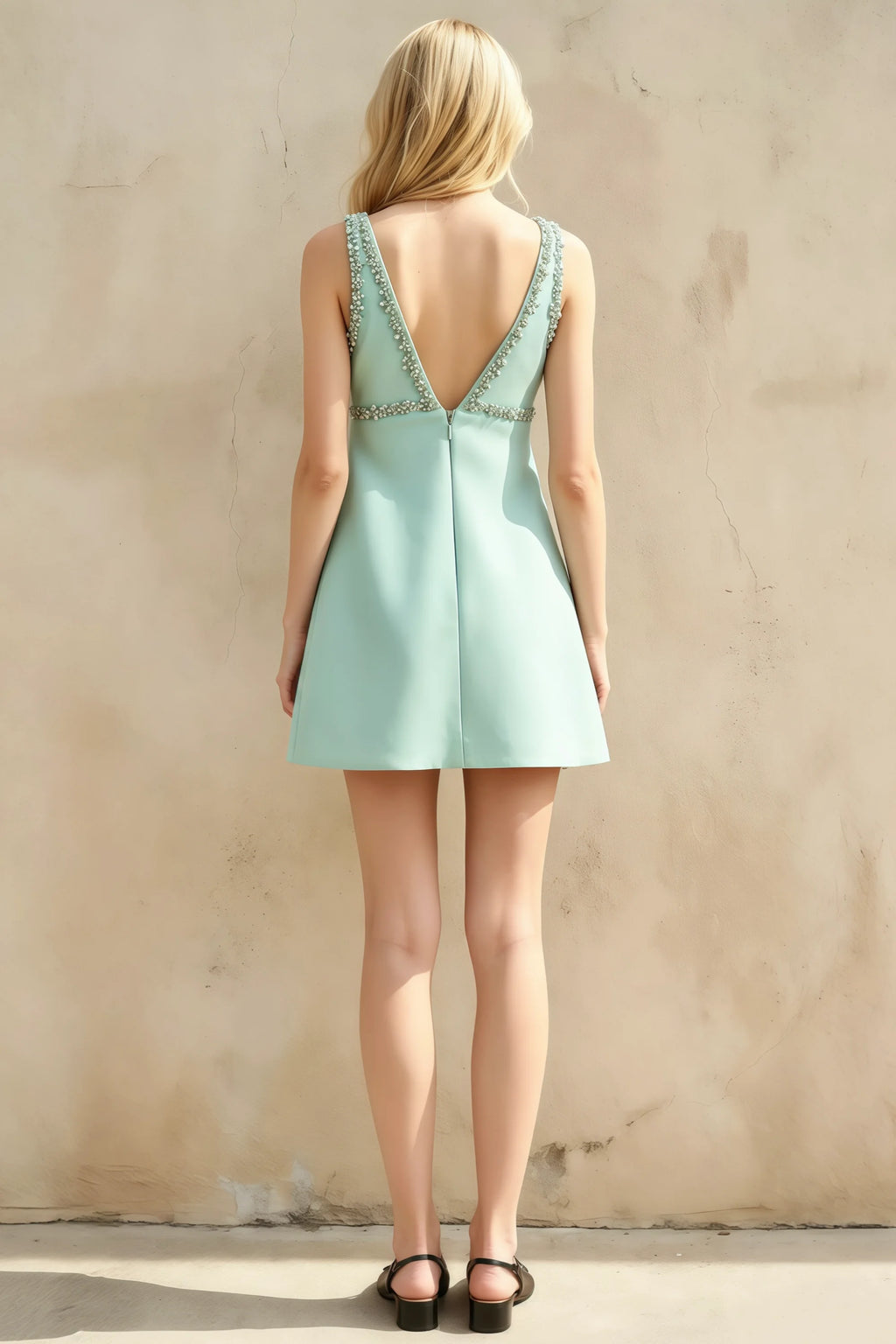 Darlene Green Pearl V-Neck Mini Dress with Bow