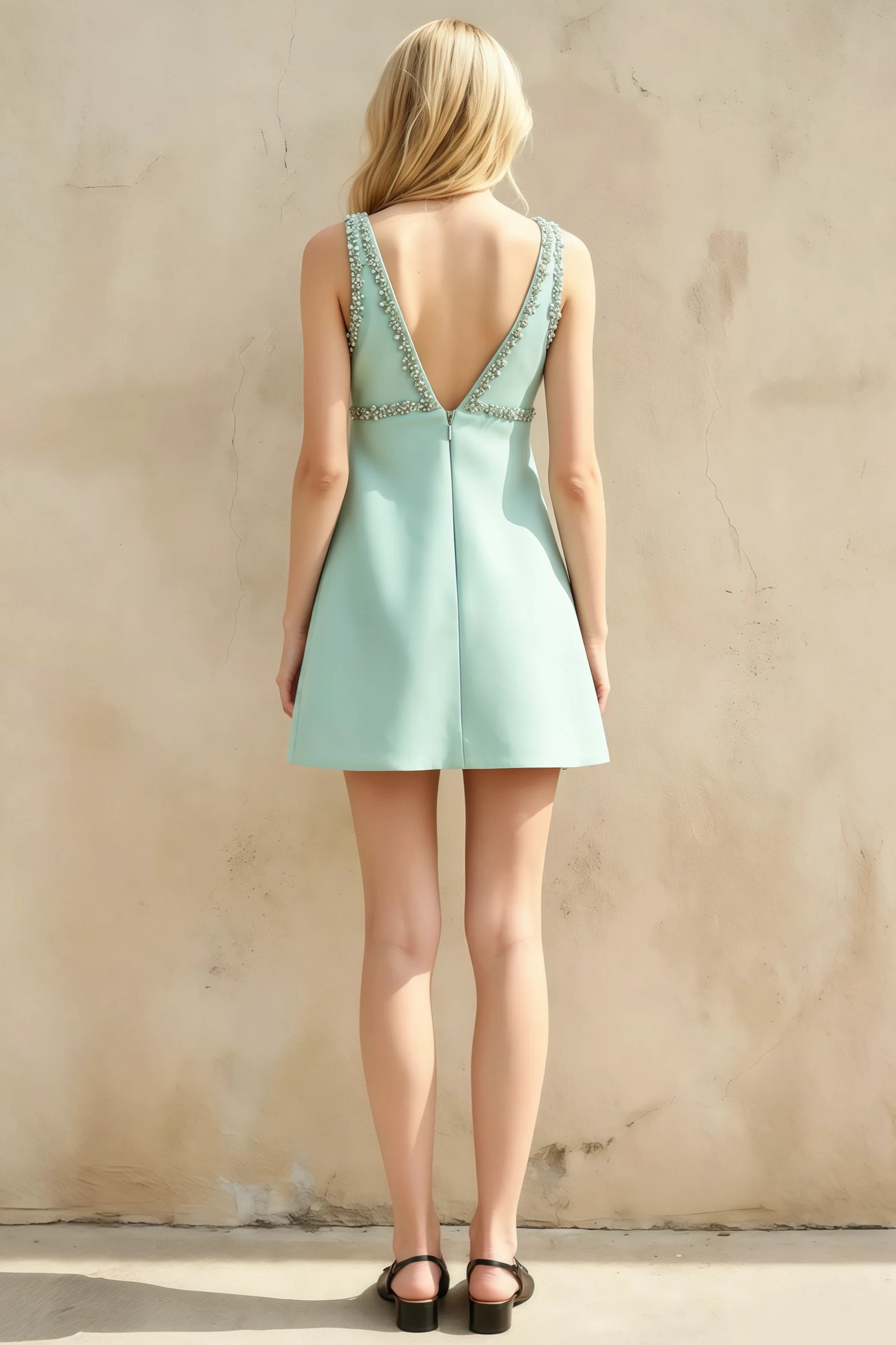 Darlene Green Pearl V-Neck Mini Dress with Bow
