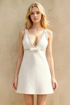 Darlene White Embellished Pearl Sheath Mini Dress with Bow