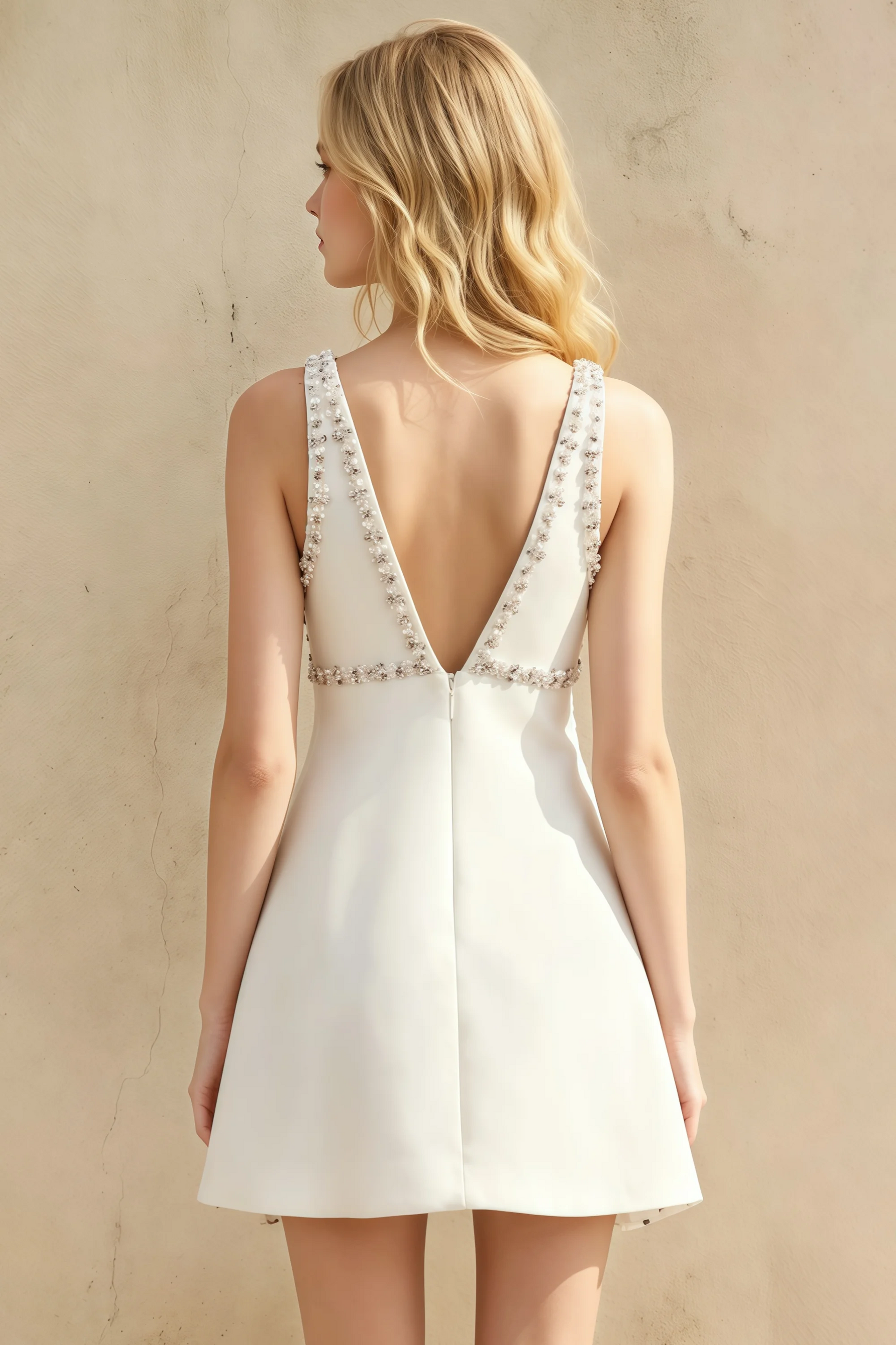 Darlene White Embellished Pearl Sheath Mini Dress with Bow