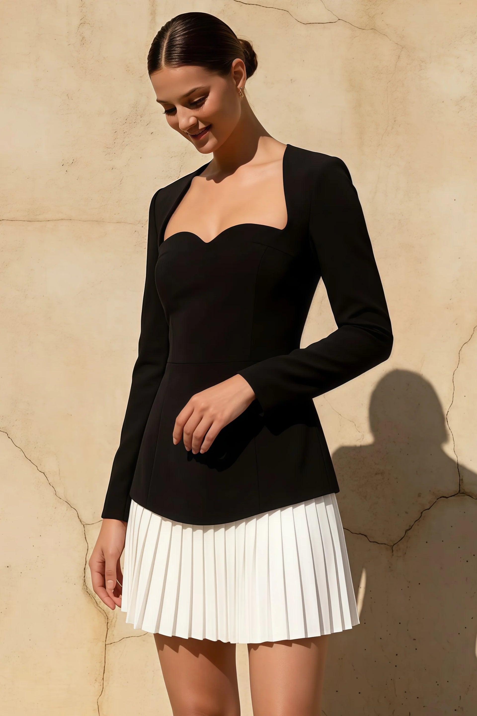 Debbie Black Sweetheart Neck Long Sleeve Mini Dress
