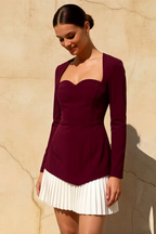 Debbie Burgundy Sweetheart Neck Long Sleeve Mini Dress