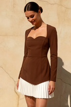 Debbie Coffee Sweetheart Neck Long Sleeve Mini Dress