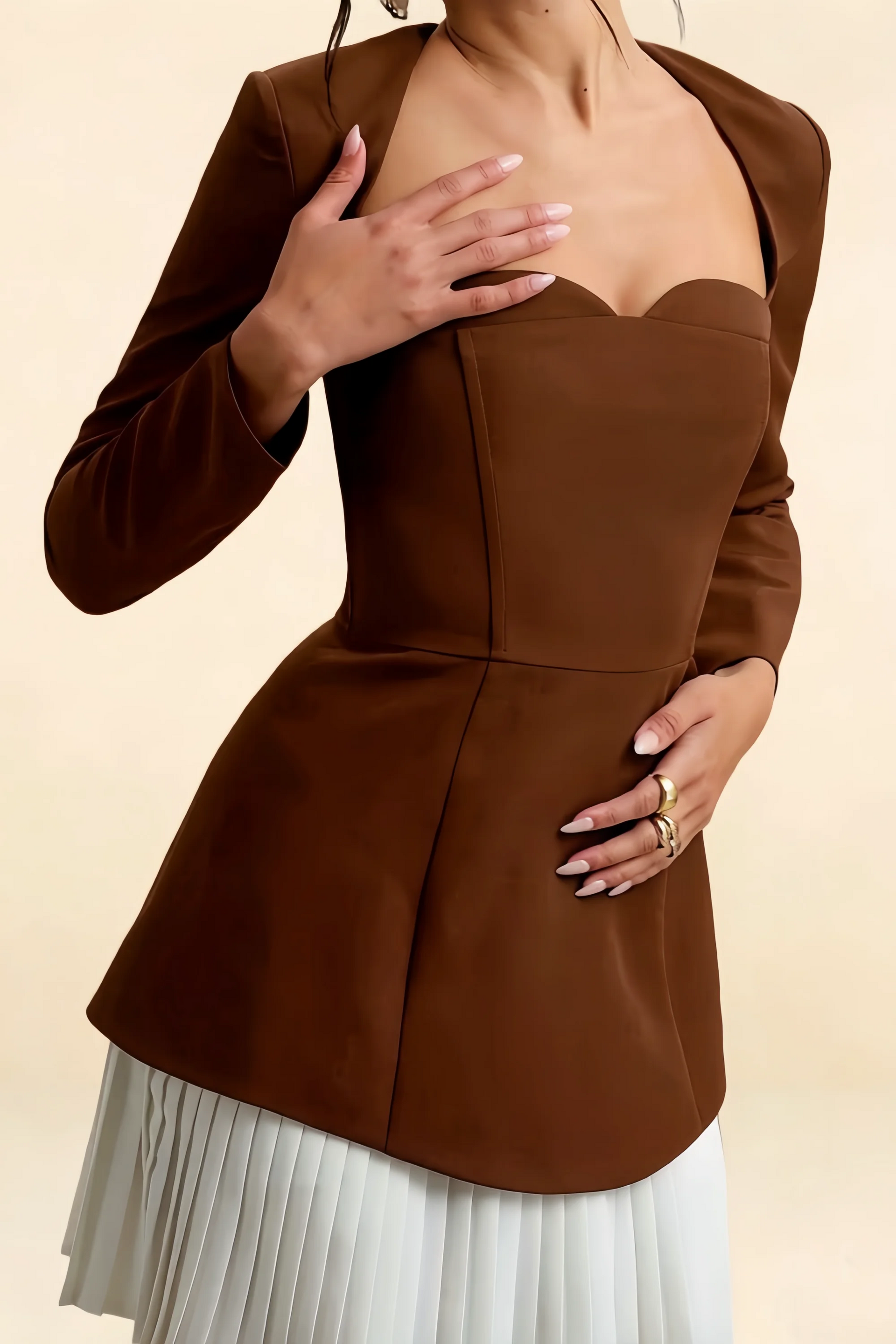 Debbie Coffee Sweetheart Neck Long Sleeve Mini Dress