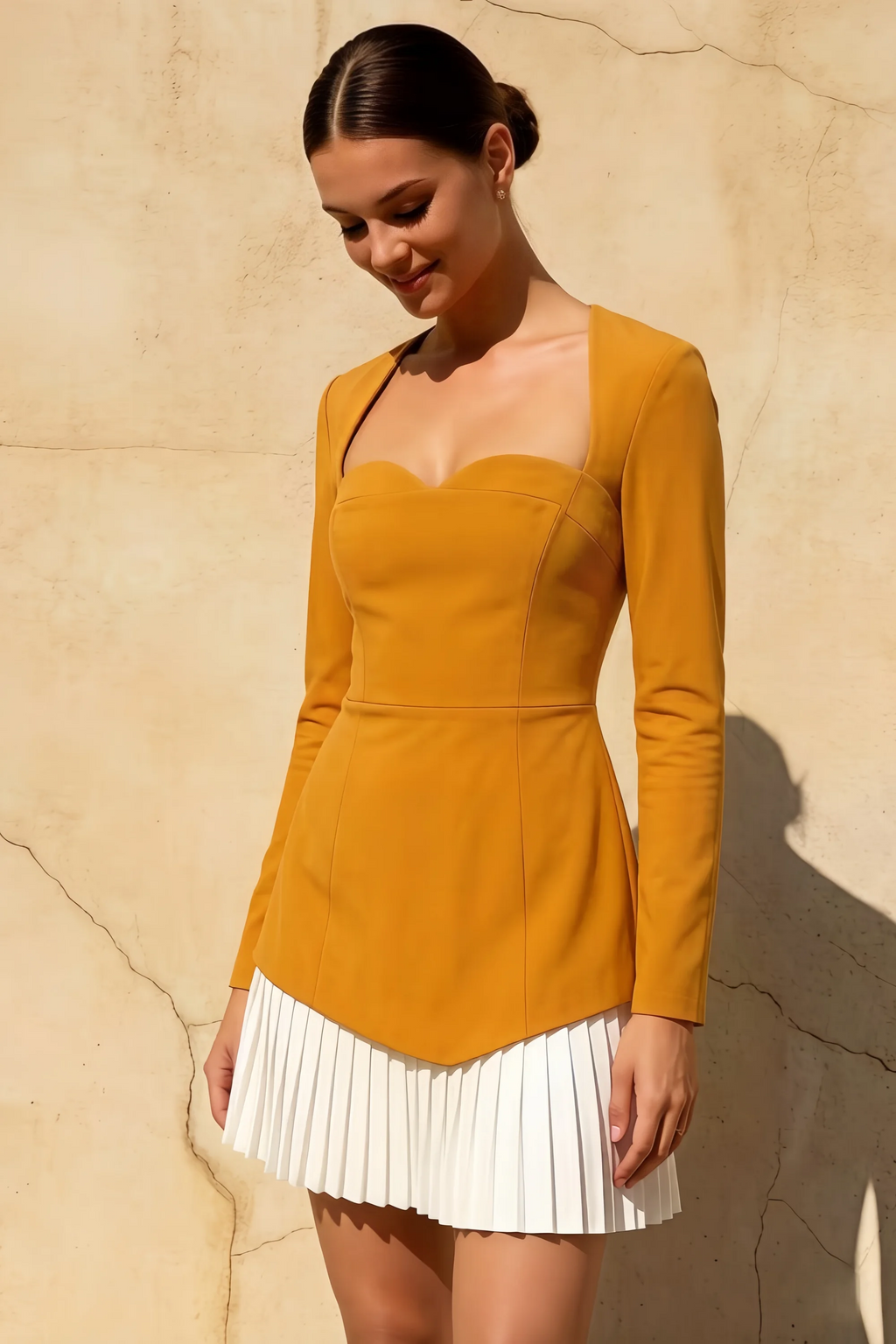 Debbie Gold Sweetheart Neck Long Sleeve Mini Dress