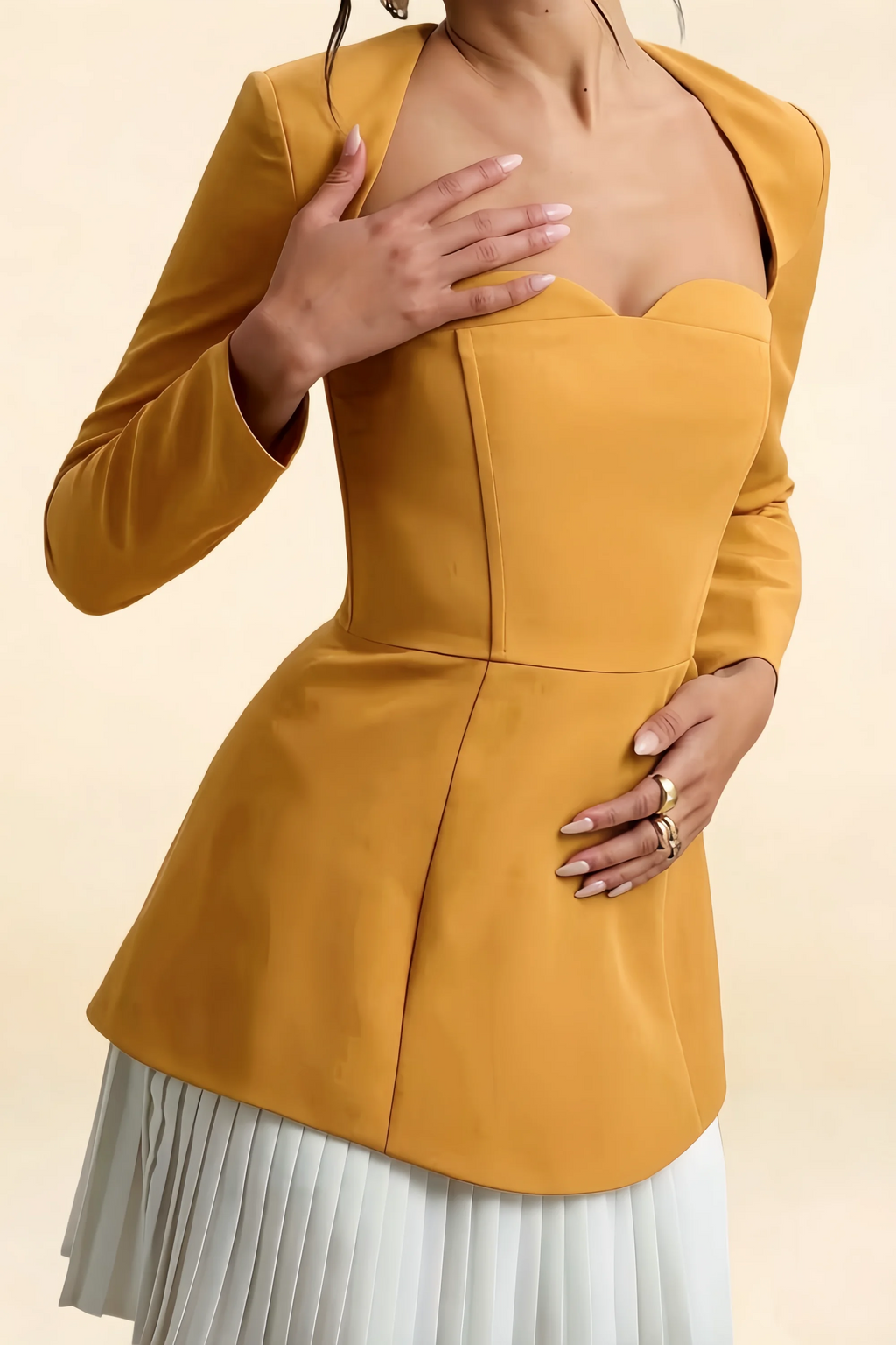 Debbie Gold Sweetheart Neck Long Sleeve Mini Dress