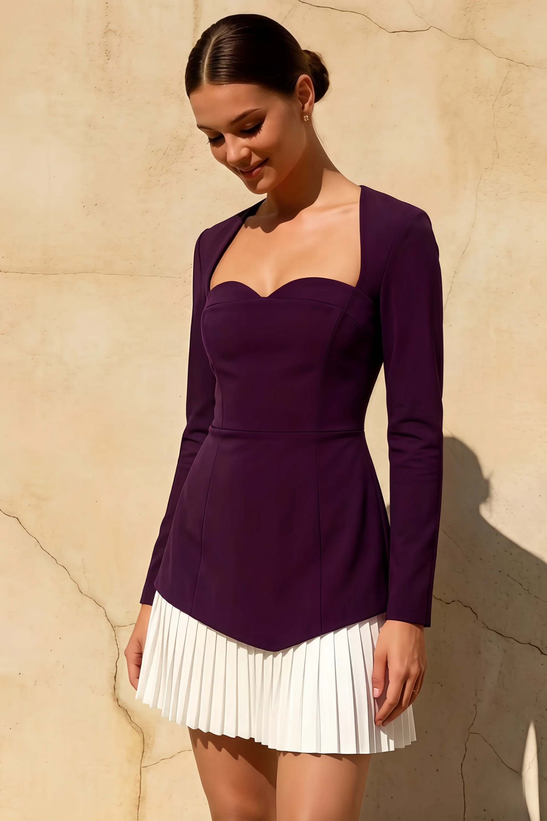 Debbie Grape Sweetheart Neck Long Sleeve Mini Dress