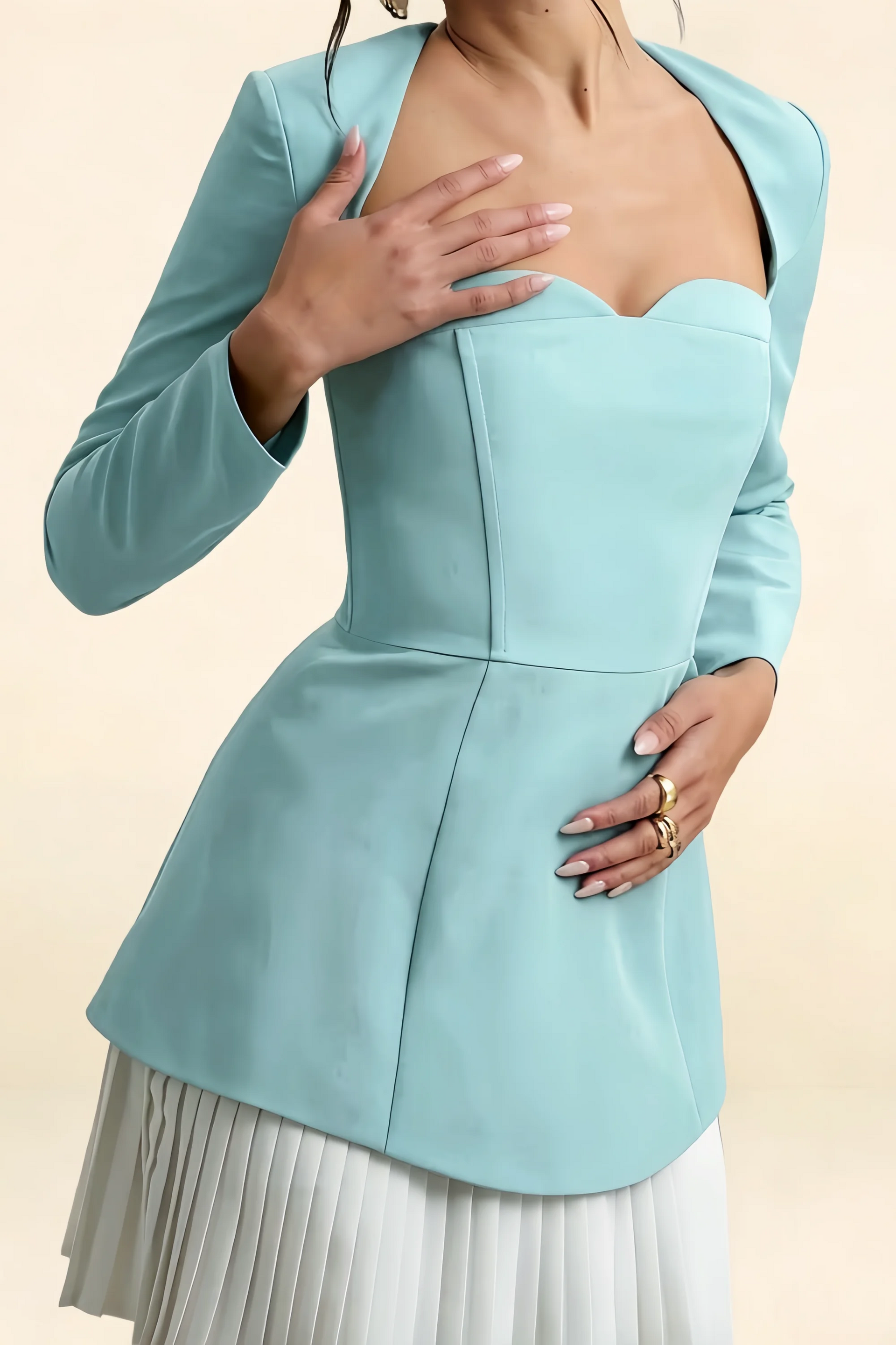 Debbie Powder Blue Sweetheart Neck Long Sleeve Mini Dress | Formal & Party Dress