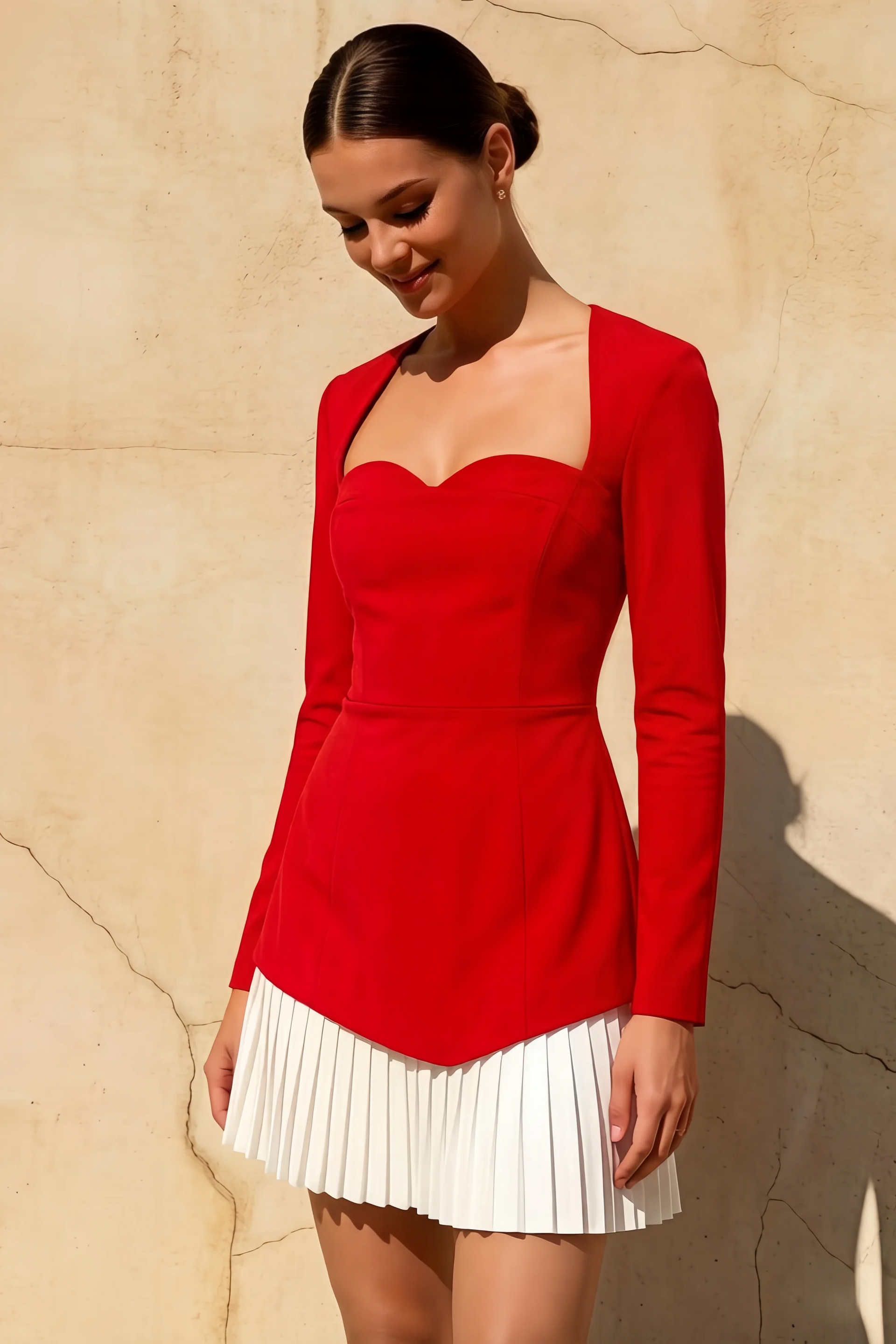 Debbie Red Sweetheart Neck Long Sleeve Mini Dress