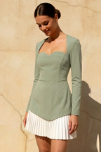 Debbie Sage Green Sweetheart Neck Long Sleeve Mini Dress