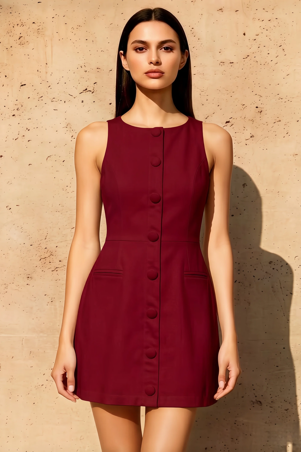 Deborah Burgundy Crepe High Neck Tailored Mini Dress