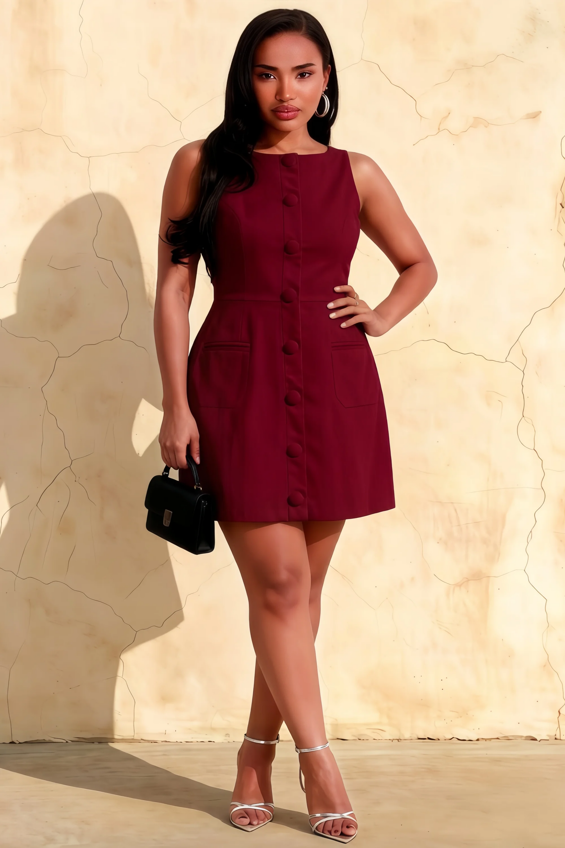 Deborah Burgundy Crepe High Neck Tailored Mini Dress