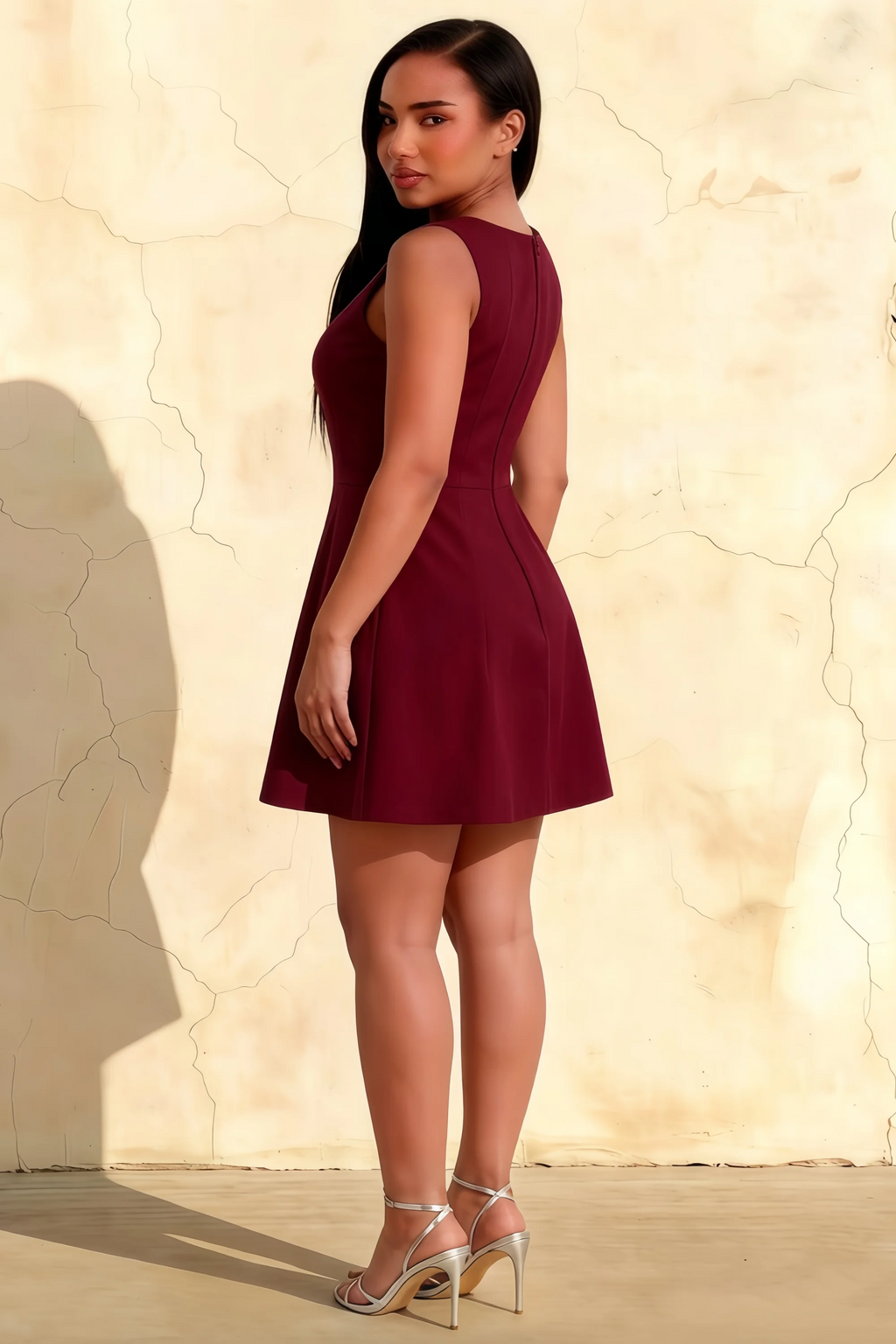 Deborah Burgundy Crepe High Neck Tailored Mini Dress