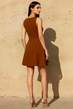 Deborah Chocolate Crepe High Neck Fit Mini Dress | Bridesmaid & Party Dress