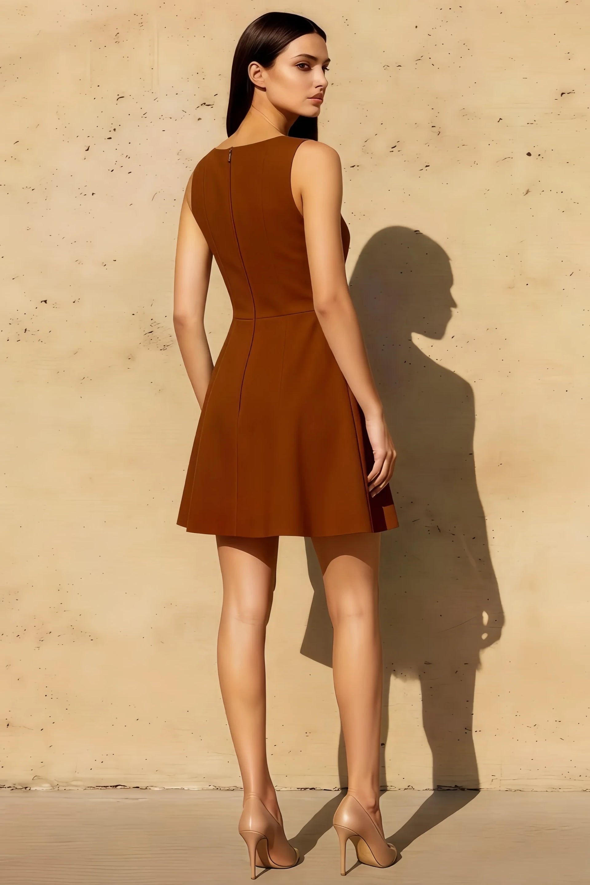Deborah Chocolate Crepe High Neck Fit Mini Dress | Bridesmaid & Party Dress